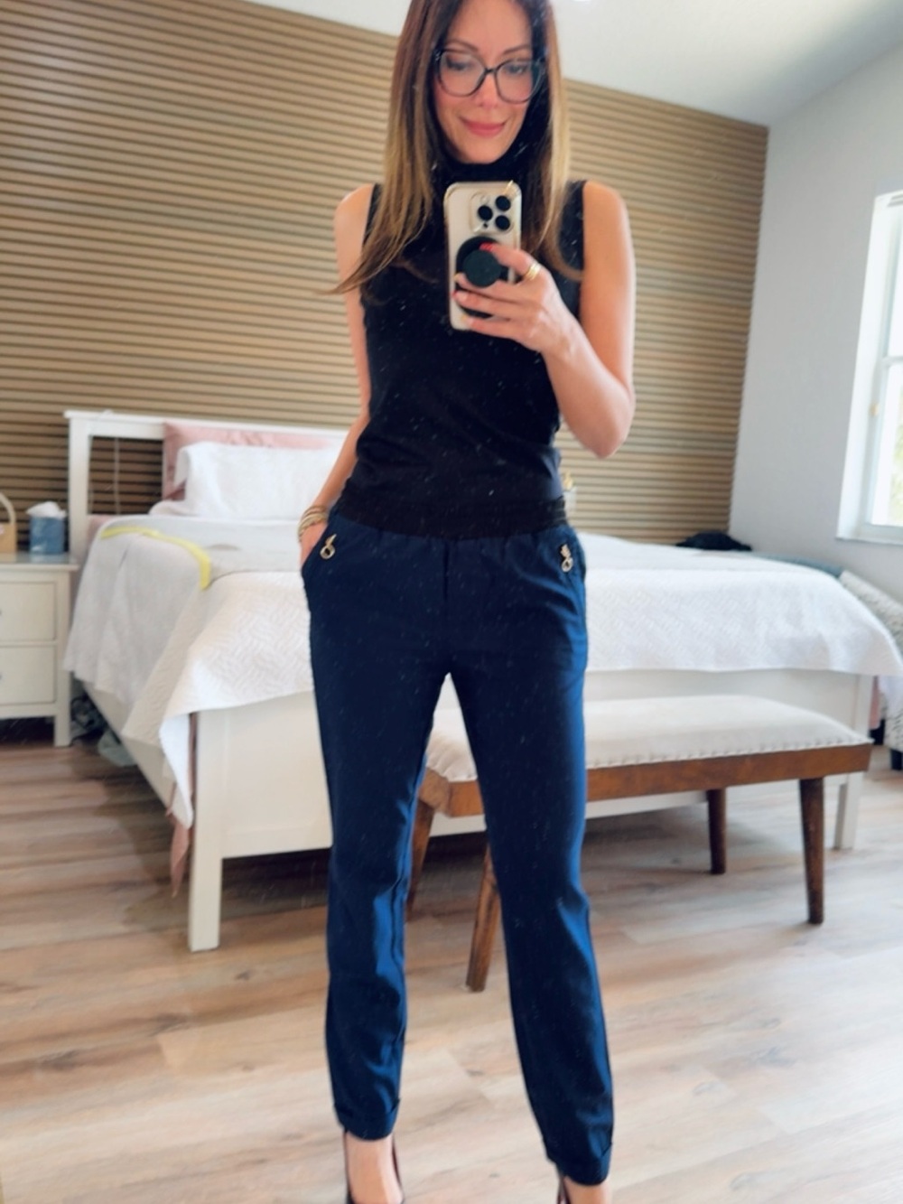 Promod Navy Trousers with Black Elastic Waistband